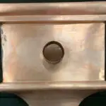 Inside view of a decorative copper gutter conductor head.