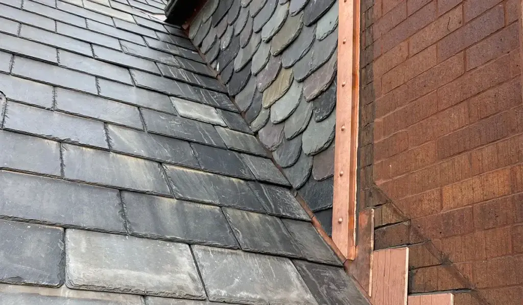 Close-up of a natural slate roof, one of the longest-lasting roofing materials
