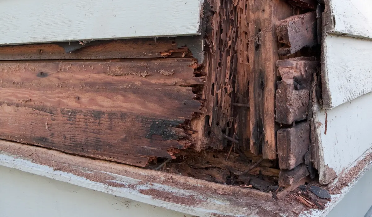 Severe wood rot behind siding, the kind of damage a coverage gap leaves unrepaired